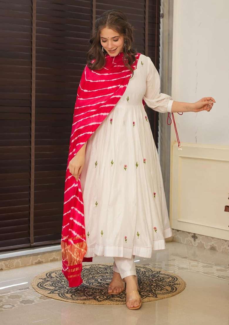 White Embroidered Organza Anarkali Set - Indya