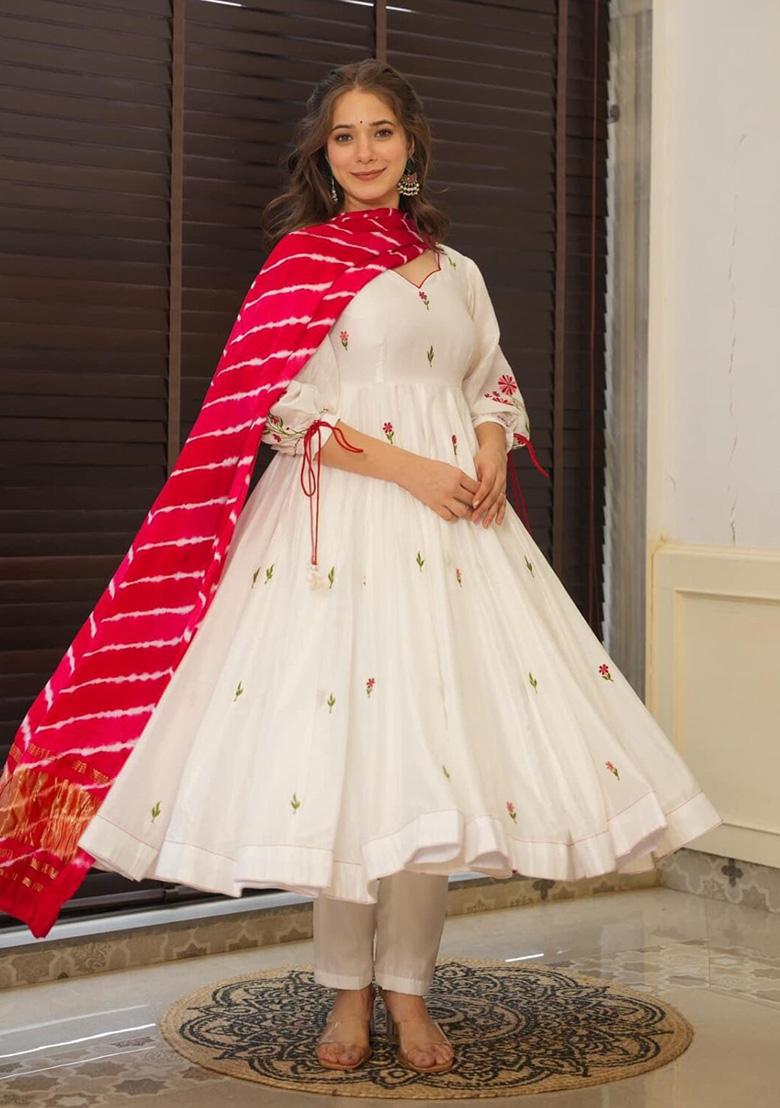 White Embroidered Organza Anarkali Set