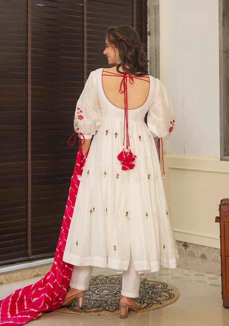 White Embroidered Organza Anarkali Set - Indya