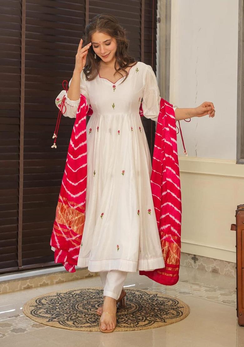 White Embroidered Organza Anarkali Set