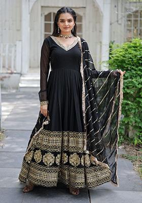 Black Embroidered Cotton Anarkali Set