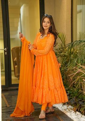 Yellow Embroidered Georgette Anarkali Set