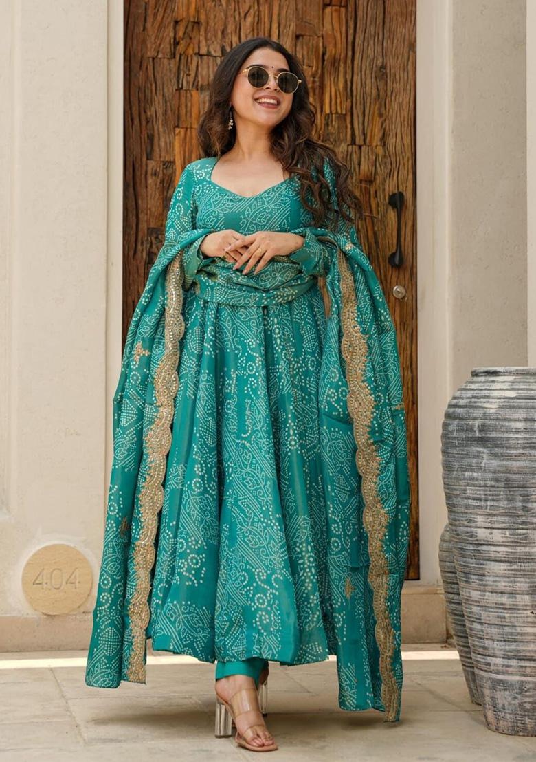 Blue Embroidered Muslin Anarkali Set