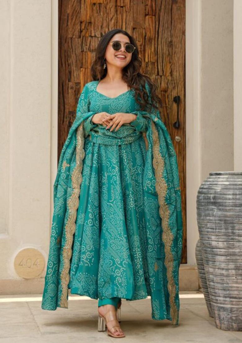 Blue Embroidered Muslin Anarkali Set