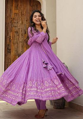 Purple Embroidered Faux Cotton Anarkali Set