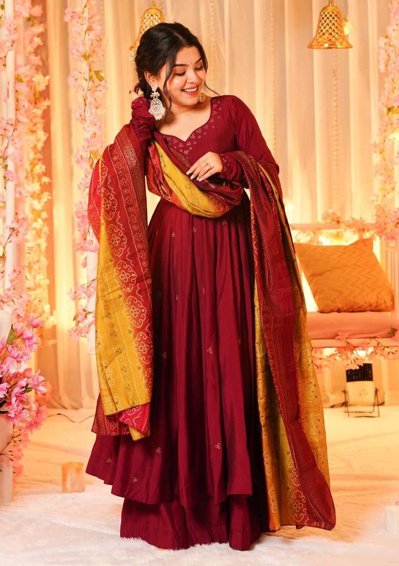 Maroon Embroidered Silk Anarkali With Dupatta - Indya