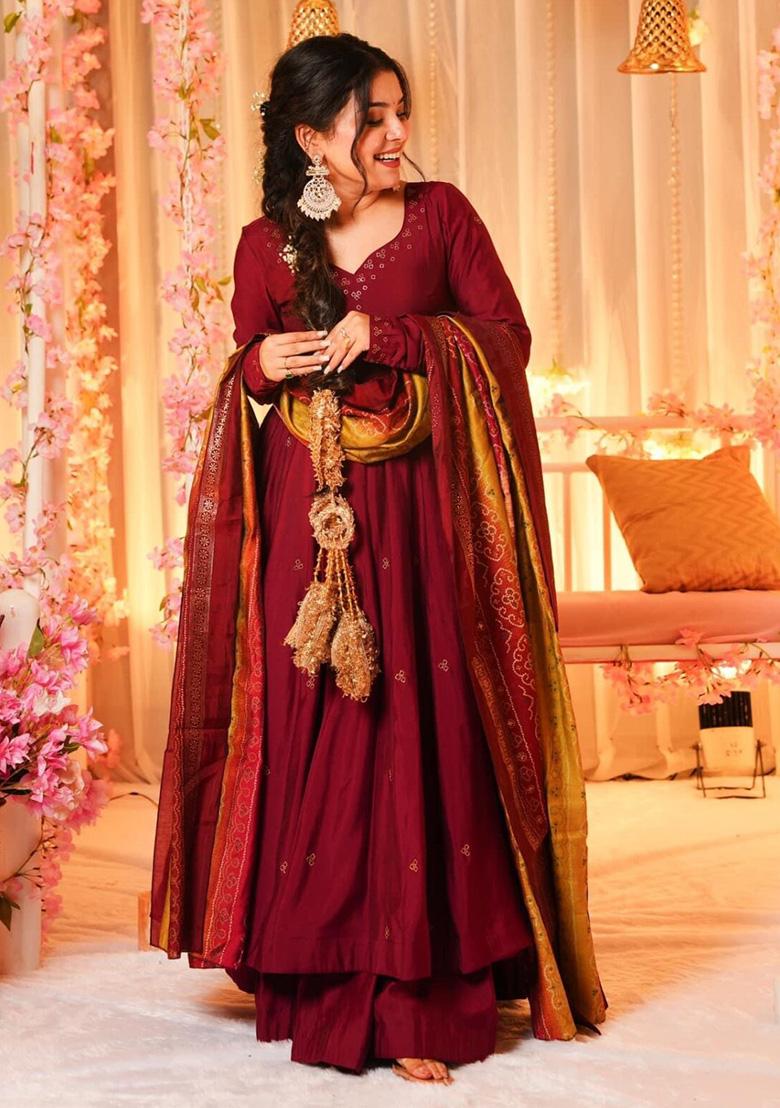 Maroon Embroidered Silk Anarkali Set