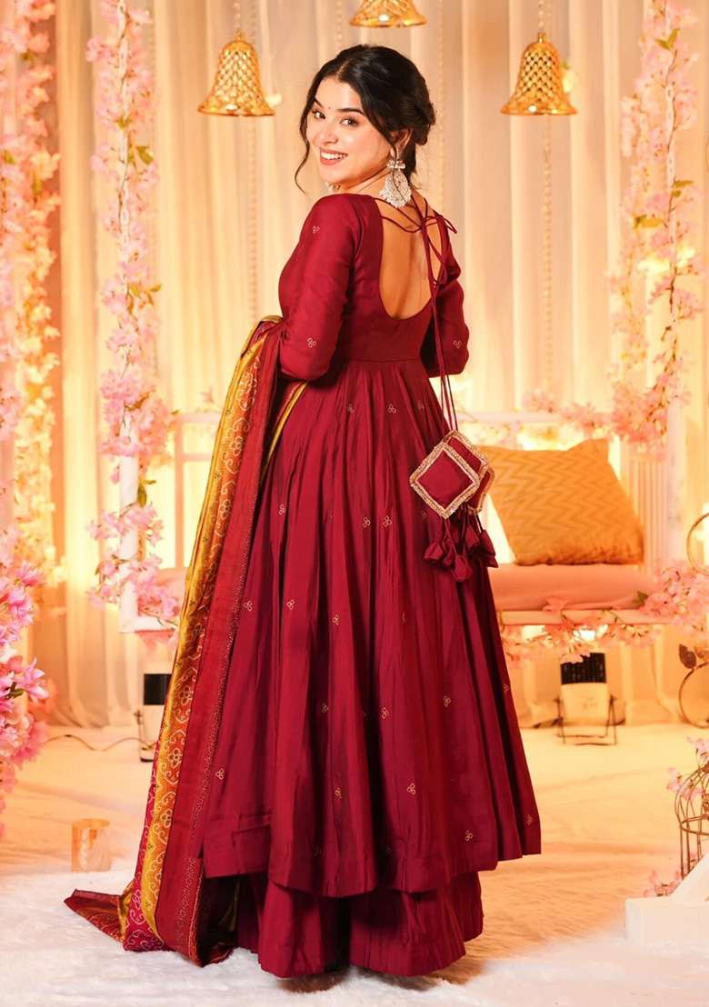 Maroon Embroidered Silk Anarkali With Dupatta - Indya
