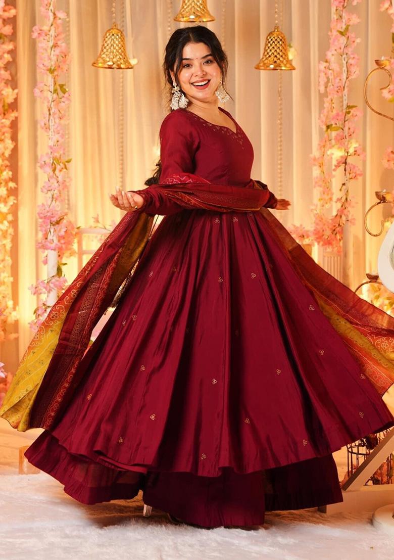 Maroon Embroidered Silk Anarkali Set