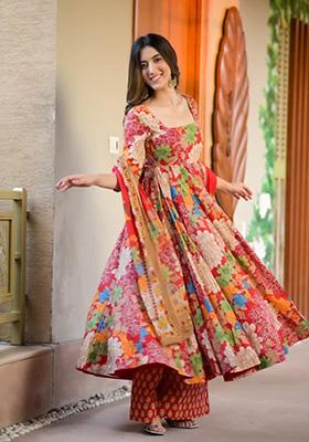 Multicolor Embroidered Muslin Anarkali Set