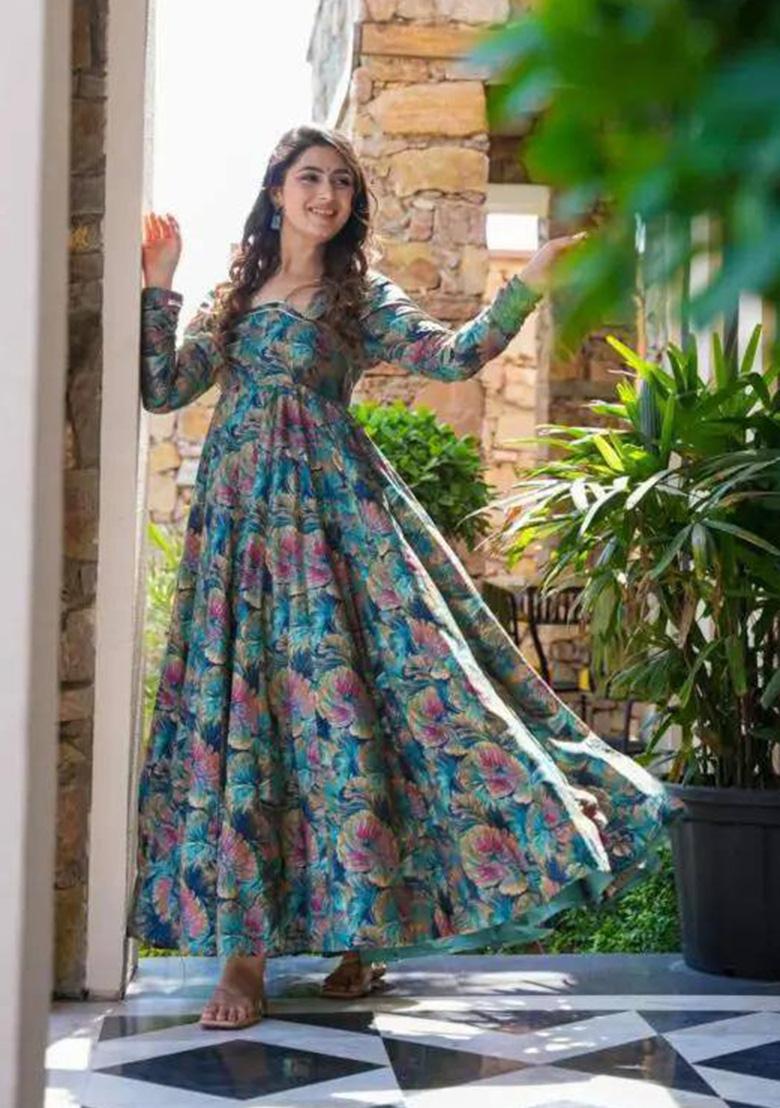 Multicolor Digital Print Muslin Anarkali Set - Indya
