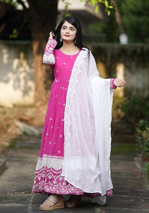 Rani Pink Embroidered Georgette Anarkali Set