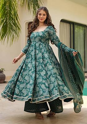 Green Digital Print Muslin Anarkali Set
