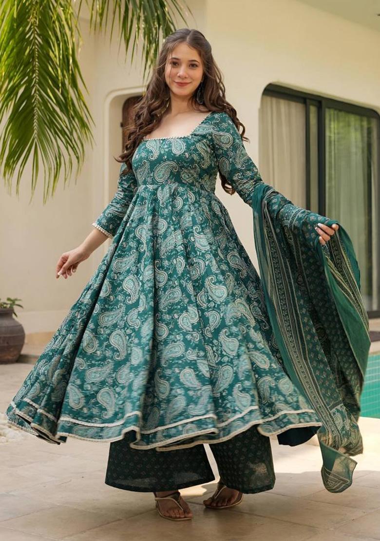 Green Digital Print Muslin Anarkali Set
