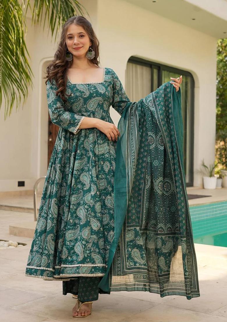 Green Digital Print Muslin Anarkali Set