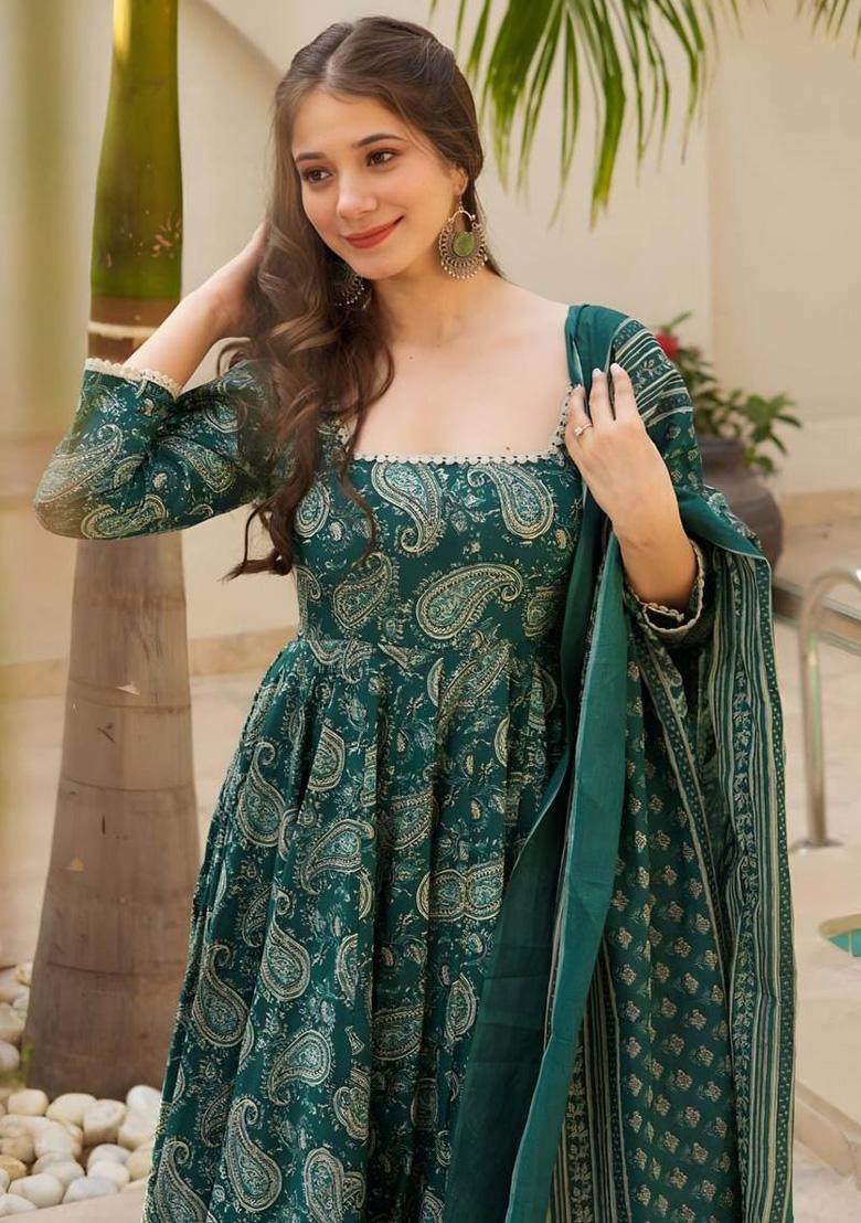 Green Digital Print Muslin Anarkali Set