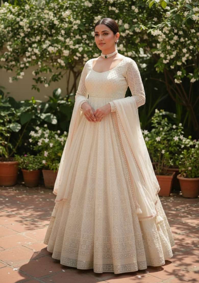 White Chikankari Cotton Anarkali Set - Indya