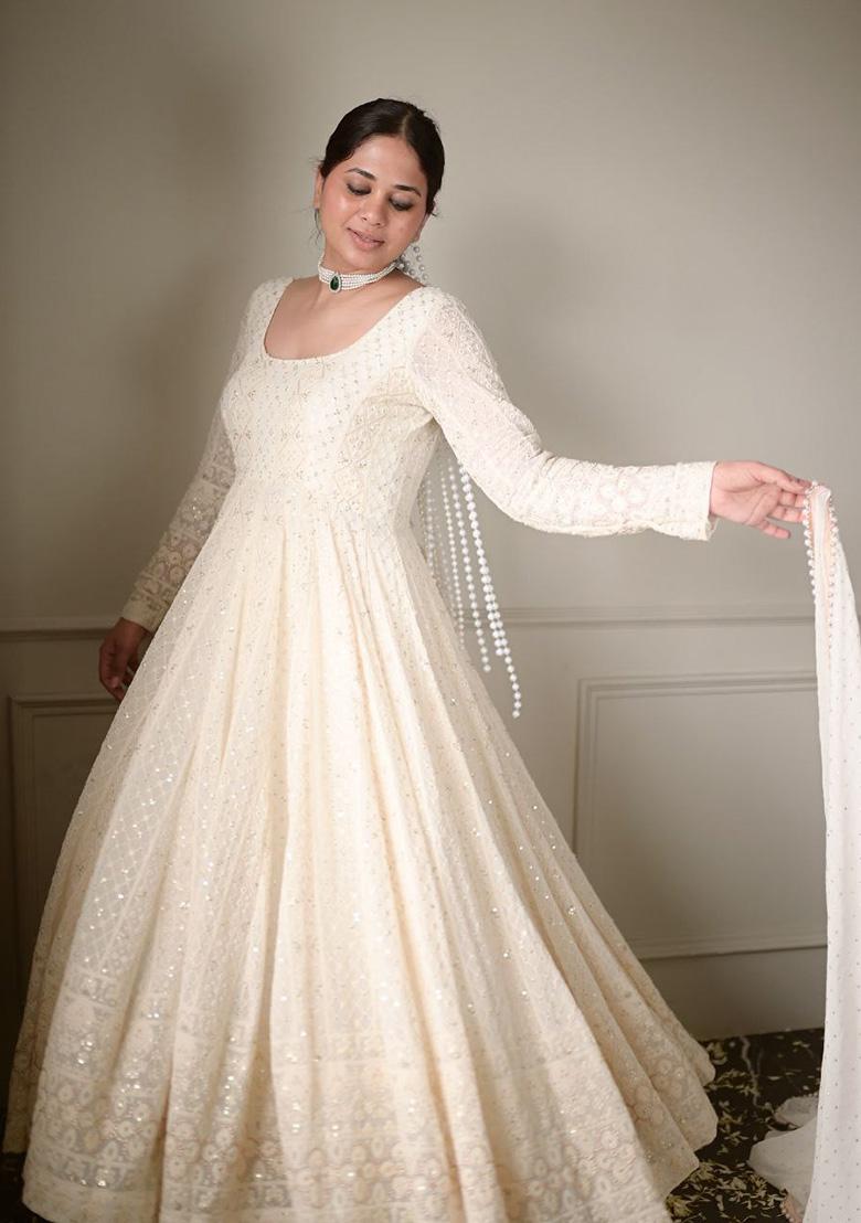 White Embroidered Cotton Anarkali Set