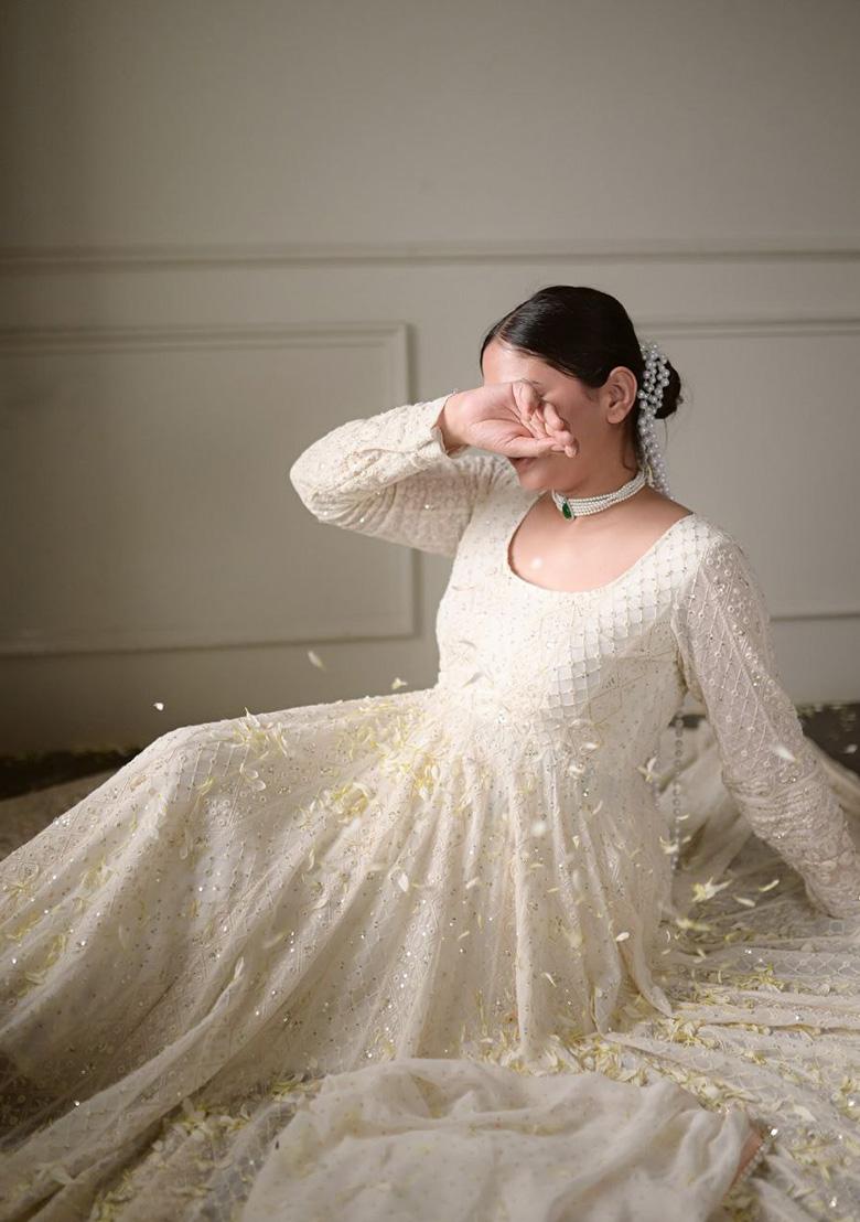 White Embroidered Cotton Anarkali Set