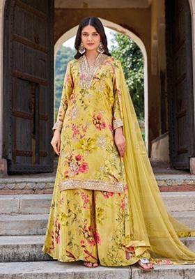Yellow Embroidered Silk Sharara Set