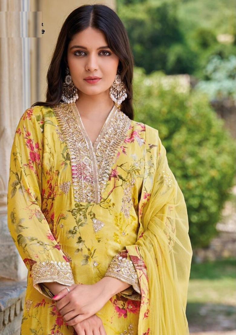 Yellow Embroidered Silk Sharara Set