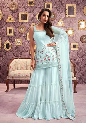 Sky Blue Sequin Thread Embroidered Georgette Kurta Set