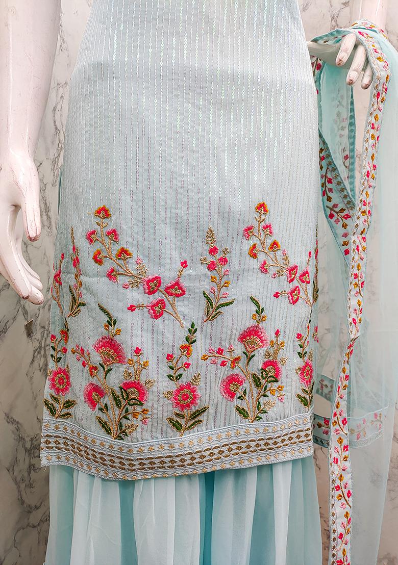 Sky Blue Sequin Thread Embroidered Georgette Kurta Set
