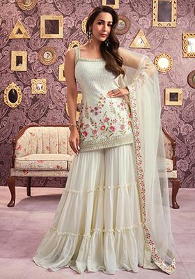 Off White Sequin Thread Embroidered Georgette Kurta Set