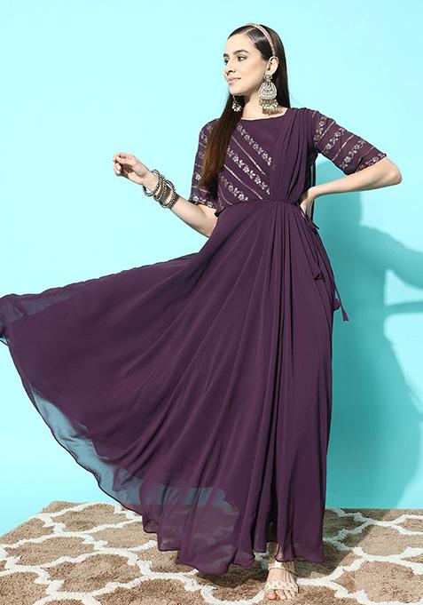 Purple Sequin Zari Embroidered Georgette Gown