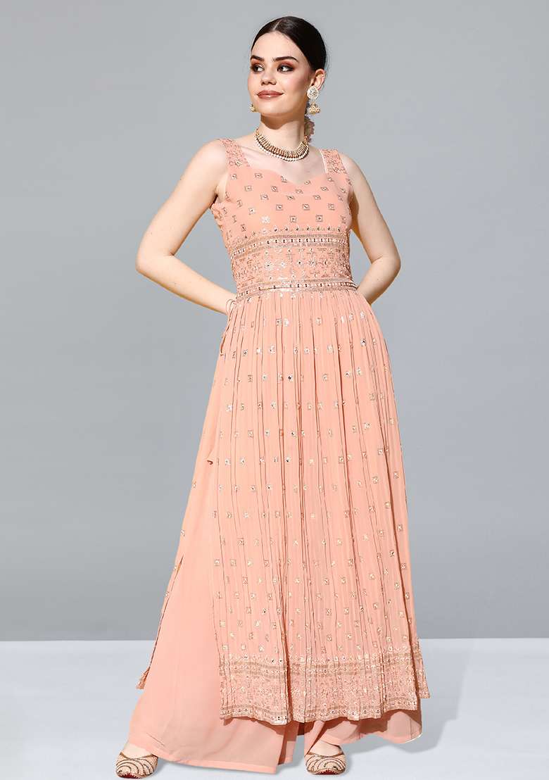 Peach Embroidered Georgette Anarkali Set - Indya