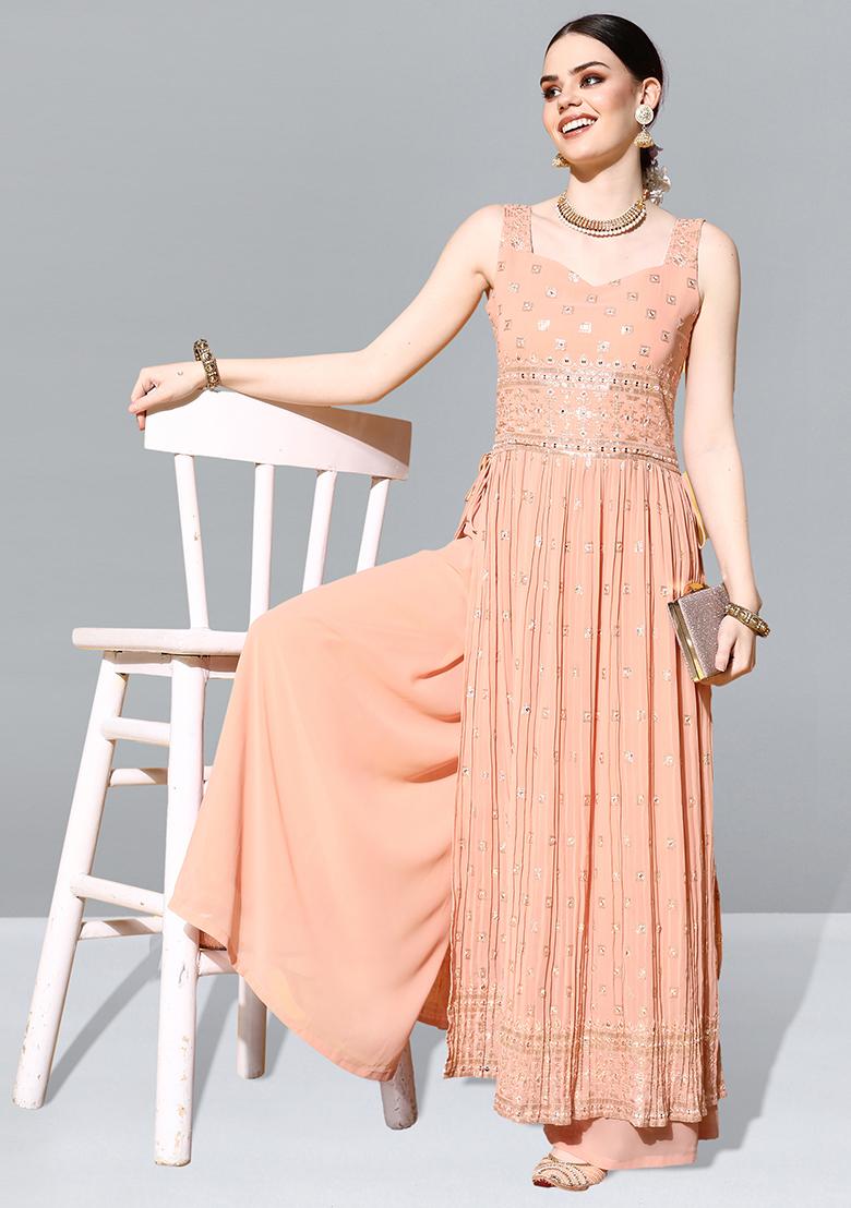 Peach Sequin Zari Embroidered Georgette Kurta Set