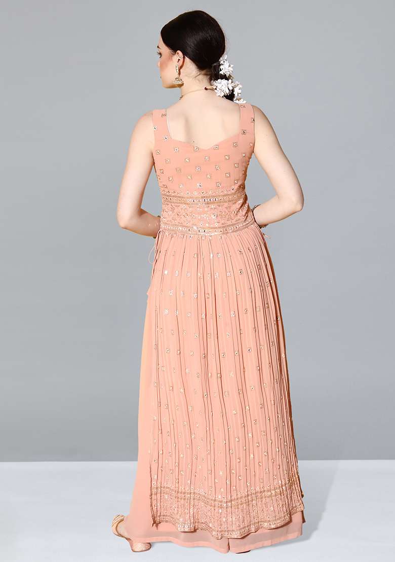Peach Embroidered Georgette Anarkali Set - Indya
