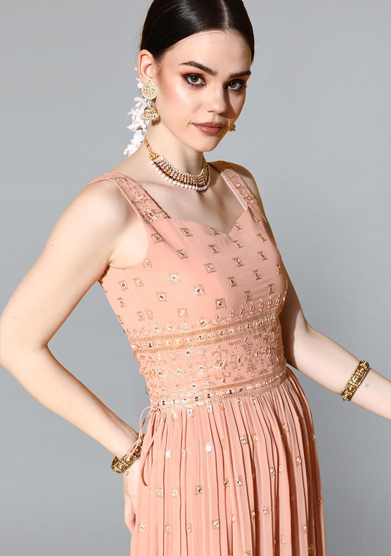 Peach Sequin Zari Embroidered Georgette Kurta Set
