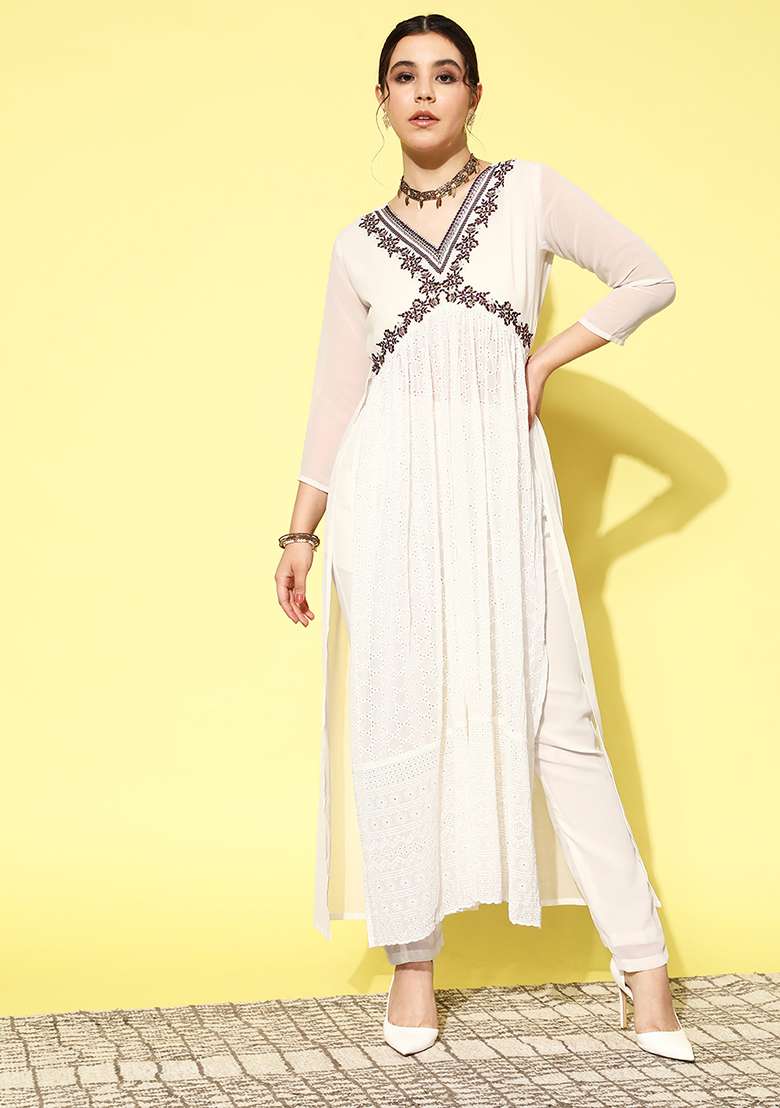 Off White Embroidered Georgette Pakistani Suit Set - Indya