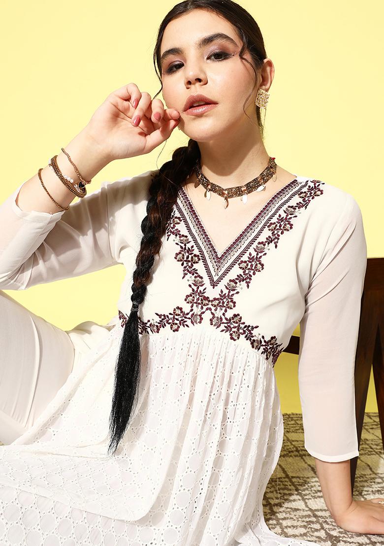 Off White Sequin Zari Embroidered Georgette Kurta Set