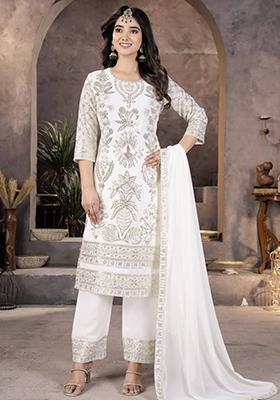 Red Thread Sequin Embroidered Roman Silk Kurta Set