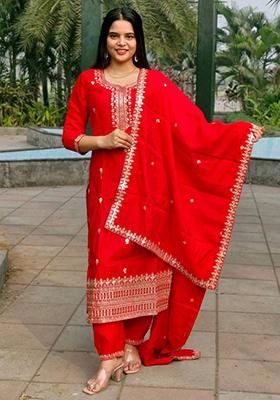 White Thread Sequin Embroidered Faux Georgette Kurta Set