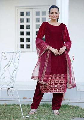 Red Thread Sequin Embroidered Viscose Kurta Set