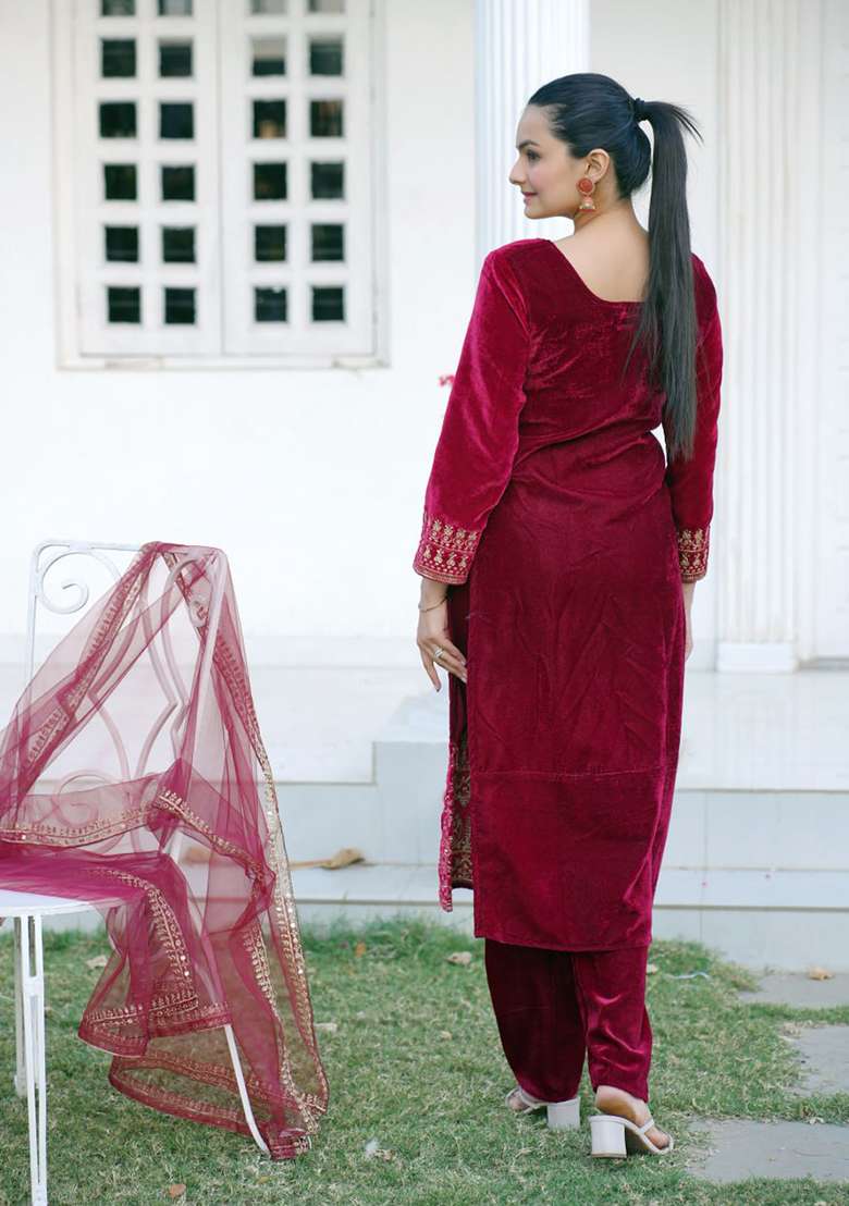 Red Embroidered Viscose Straight Kurta Set - Indya
