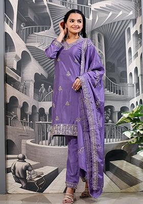 Lavender Thread Sequin Embroidered Chinon Silk Kurta Set