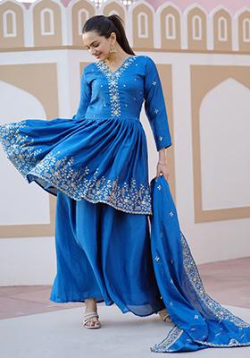 Blue Thread Sequin Embroidered Chinon Silk Kurta Set