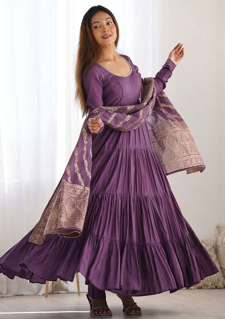 Violet Solid Roman Anarkali Set - Indya