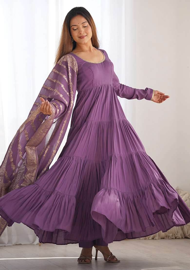 Violet Solid Roman Anarkali Set - Indya