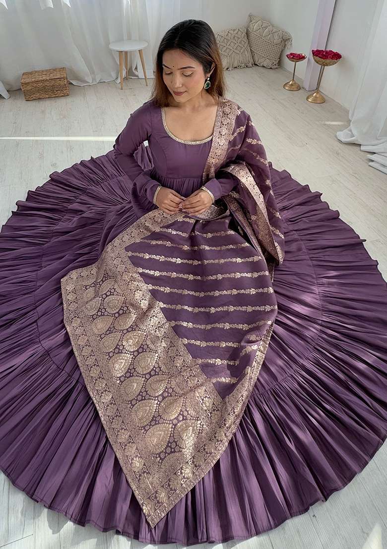 Violet Solid Roman Anarkali Set - Indya