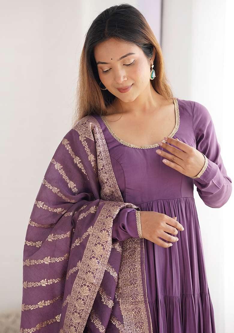 Violet Solid Roman Anarkali Set - Indya