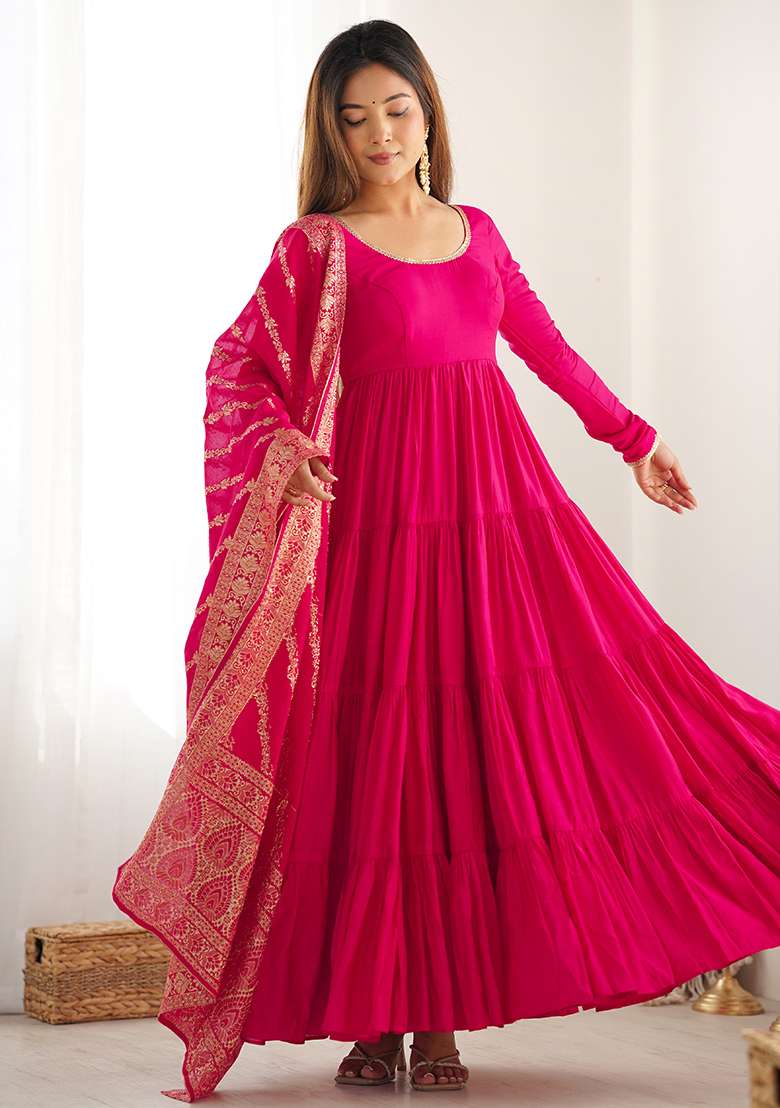 Pink Solid Roman Anarkali Set - Indya