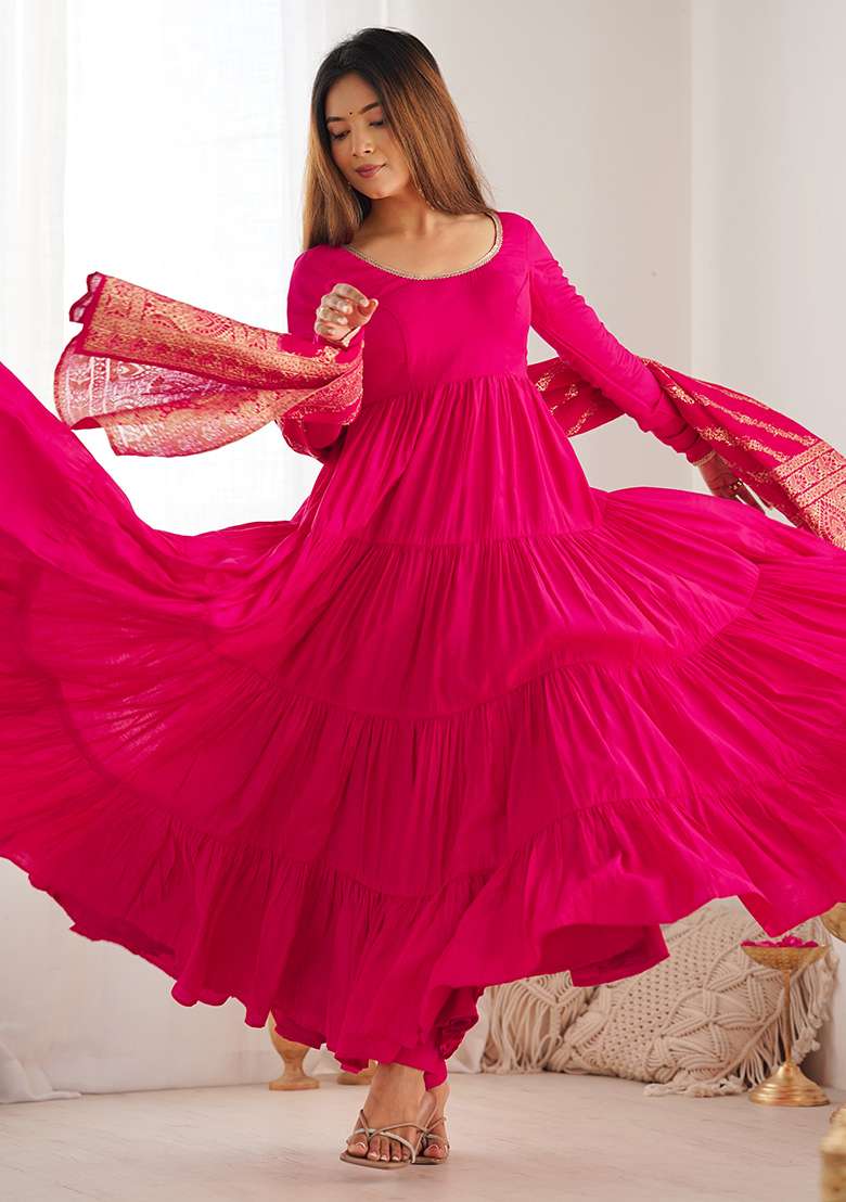Pink Solid Roman Anarkali Set - Indya