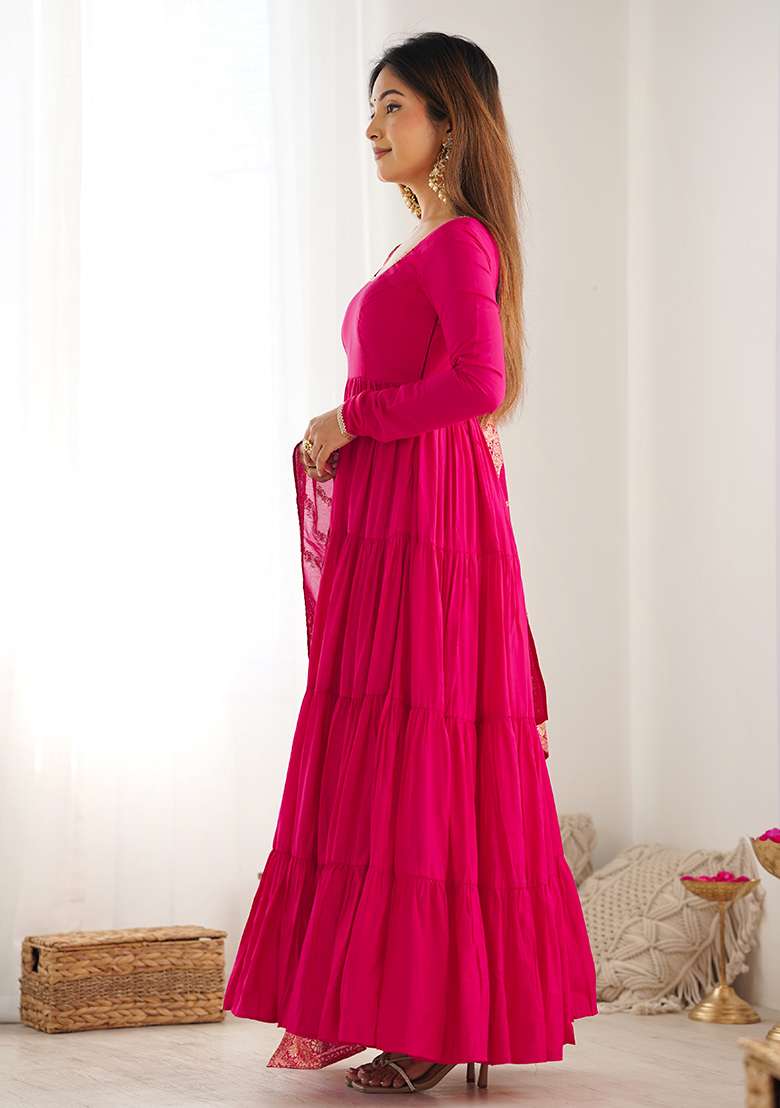 Pink Solid Roman Anarkali Set - Indya