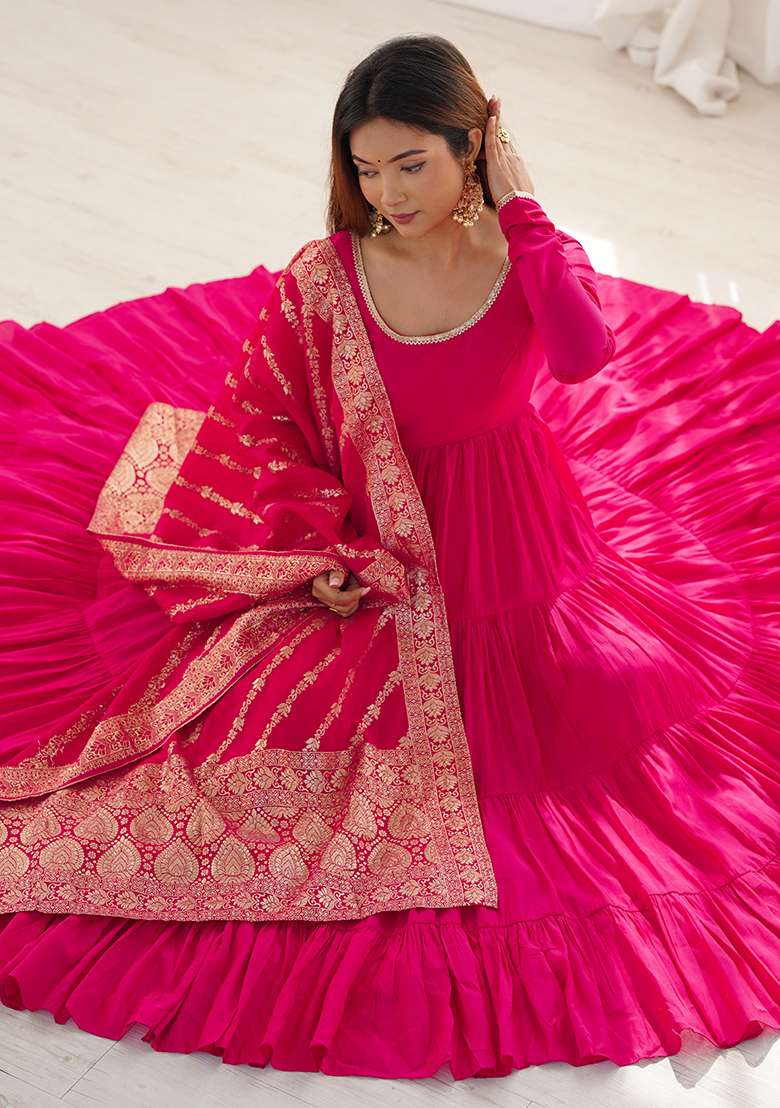 Pink Solid Roman Anarkali Set - Indya