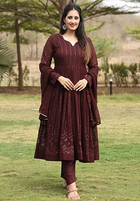 Coffee Brown Thread Sequin Embroidered Georgette Anarkali Set